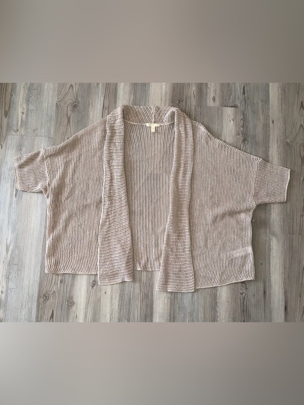 Eileen Fisher Open Knit Organic Linen Cropped Cardigan Large L Beige Tan
